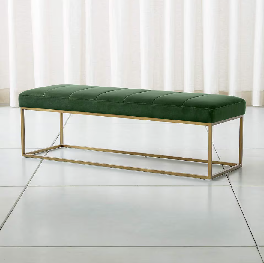 Channel Dark Green Velvet Bench with Brass Base